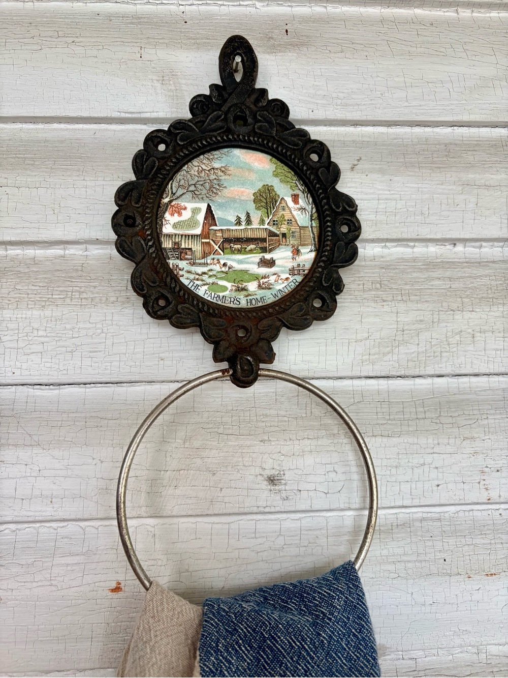 Vintage Cast Iron Wall Towel Ring with Farm Scene